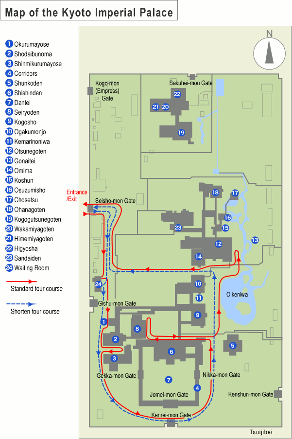 แผนที่และเส้นทางการเดินภายในพระราชวังเกียวโต
