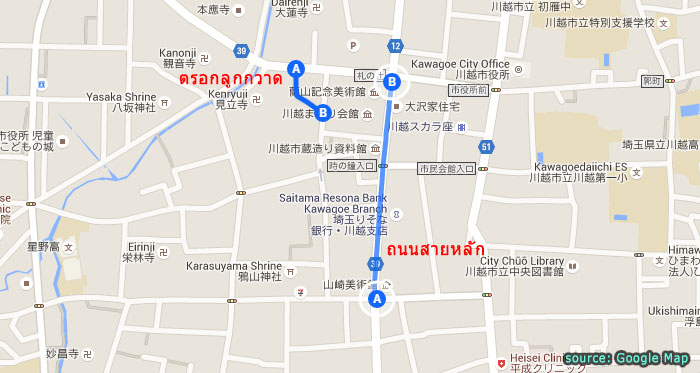 แผนที่ถนนสายหลักและตรอกลูกกวาดที่คาวาโกเอะ