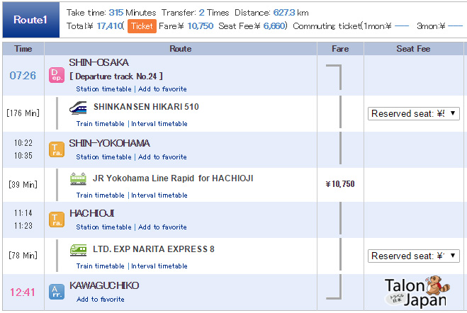 ตารางการเดินทางจากสถานีชินโอซาก้าไปที่สถานีคาวากูชิโกะ