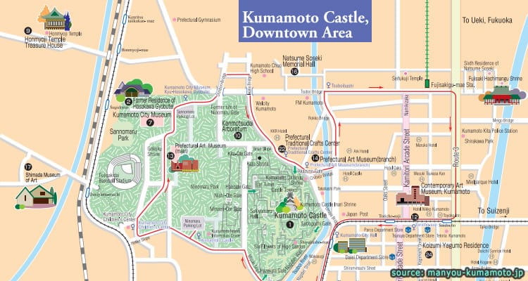 แจกฟรีแผนที่จุดท่องเที่ยวในตัวเมืองคุมาโมโต้ Kumamoto Downtown