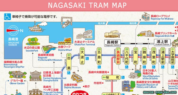 แจกฟรี แผนที่รถรางนางาซากิ พร้อมบอกที่เที่ยวของแต่ละสถานี