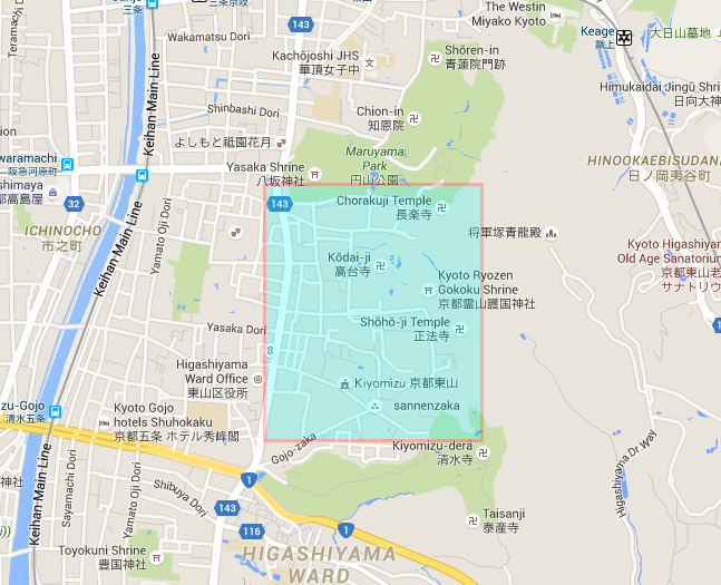 แผนที่ของพื้นที่เมืองเก่าย่านฮิกาชิมยามะ