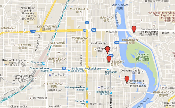 แผนที่แสดงตำแหน่งของแต่ละพิพิธภัณท์ศิลปะในเมืองโอคายาม่า