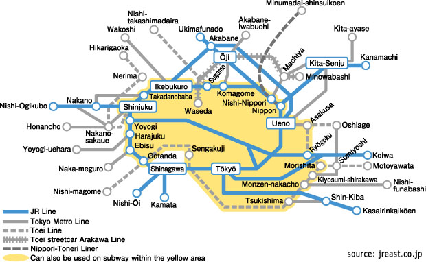 แผนที่ของตั๋วรถไฟโตเกียวฟรีคิปปุ