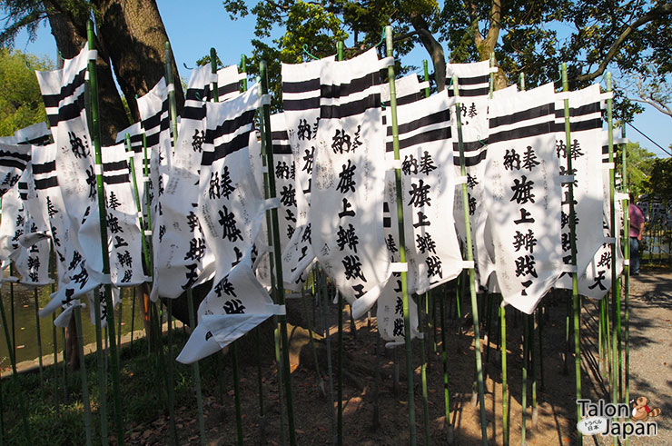 ธงโบกสบับอยู่ที่สวนริมน้ำของศาลเจ้าทซึรุงะโอะกะ-ฮะจิมังกู