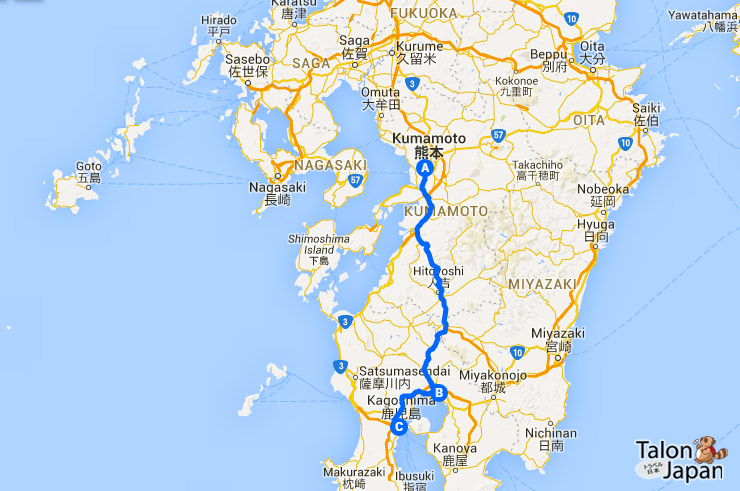 เส้นทางขับรถเที่ยวเกาะคิวชู วันที่ 1 จากตัวเมืองคุมาโมโต้ ไปที่ภูเขาไฟคิริชิม่า แล้วก็ไปนอนที่เมืองคาโกชิม่า