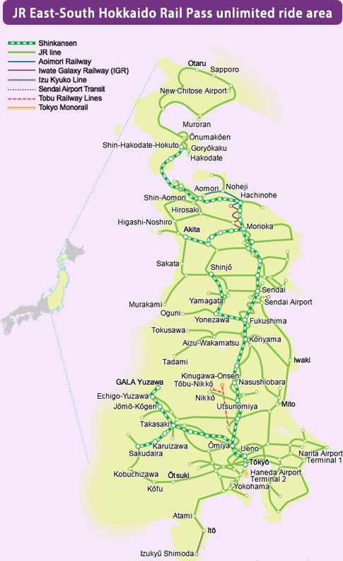 แผนที่เส้นทาง JR East-South Hokkaido Rail Pass