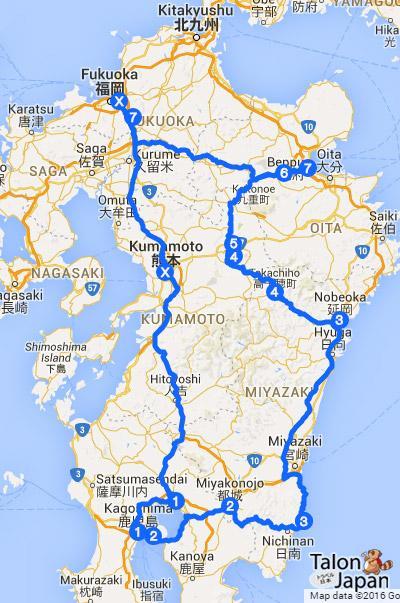 แผนที่เส้นทางในการขับรถเที่ยวทั่วเกาะคิวชูทั้ง 7 วัน
